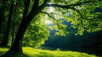 Naklejka premium A serene forest scene featuring vibrant green trees and sunlight filtering through the leaves, creating a tranquil atmosphere.