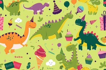 Seamless pattern with cute dinosaurs wearing party hats, balloons, gifts, and cupcakes on a green background.