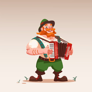Vector illustration. Jolly man with bushy mustache, dressed in traditional Bavarian clothing, plays accordion. Cartoon art style. Concept of food and drink, traditions, Oktoberfest, celebration.