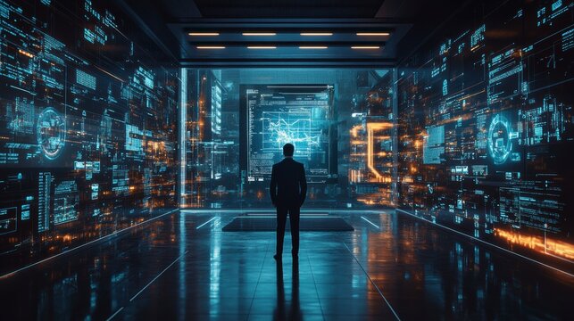 Businessman analyzing big data in futuristic control room
