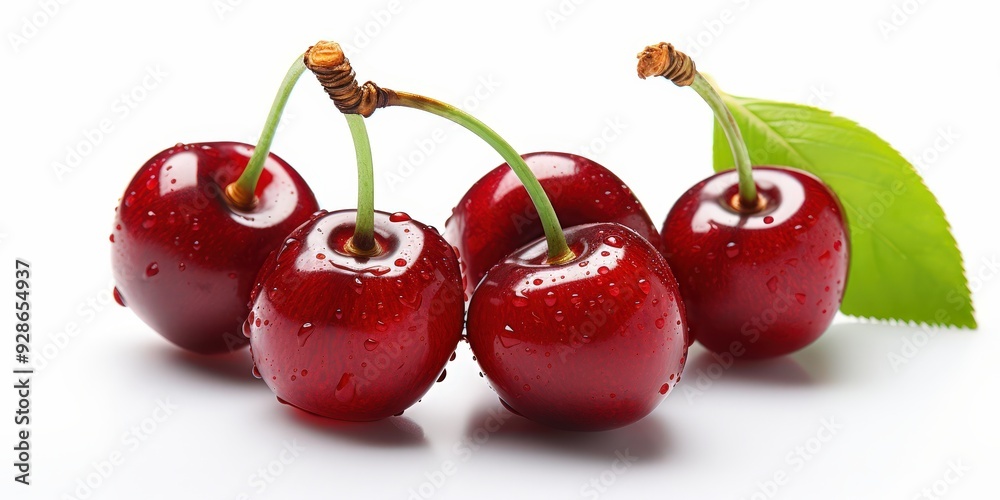 Wall mural fresh red cherries with dew drops