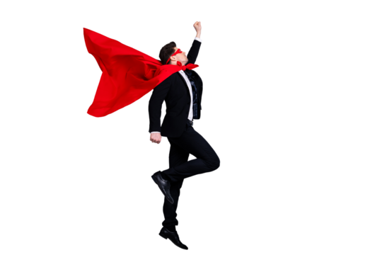 Full length body size profile side view portrait of his he nice attractive classy purposeful guy wearing bright vivid super look outfit accessory raising hand up isolated over light gray background