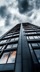 A dramatic view of a modern skyscraper under a stormy sky, showcasing reflective glass and sleek architectural design.
