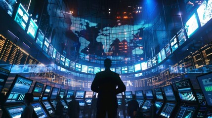 A man stands in front of a wall of screens displaying data in a futuristic control room.