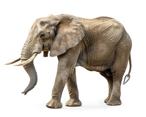 Obraz premium Majestic African Elephant with Raised Trunk and Prominent Tusks Isolated on White Background