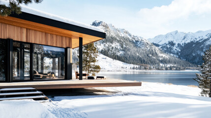Secluded modern cabin with outdoor bench by snowy mount, nature living
