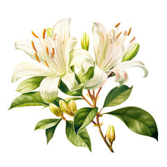 Two white lilies with green leaves and buds isolated on transparency PNG background, artistically illustrated against a black background, suitable for floral-themed projects, botanical prints