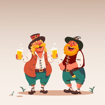 Vector illustration. Two jolly men with large mustaches, dressed in traditional Bavarian outfits, laughing while holding frothy beers. Cartoon art style. Concept of traditions, beverages, Oktoberfest.