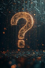 A question mark icon made of glowing wires, suspended in a dark digital landscape, symbolizing technological uncertainty. 
