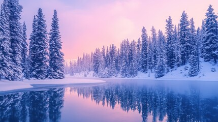 A serene winter landscape featuring snow-covered trees and a calm, reflective lake at sunset.