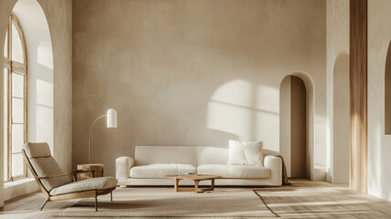Armchair and Sofa in Minimalist Japandi interior design, Scandinavian interior design of modern living room against arch stucco wall, Antique White, Light and Shadow