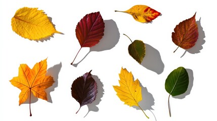 Obraz premium It's a pattern of fall leaves in different colors, with long shadows on a white background.