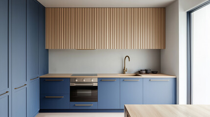 A minimalist blue kitchen with a light wood slat backsplash, white walls, brass hardware, and a wood floor