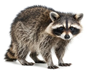 Fototapeta premium Playful Raccoon with Distinctive Mask and Ringed Tail Isolated on White Background Detailed Shot Showcasing the Animal s Unique Features