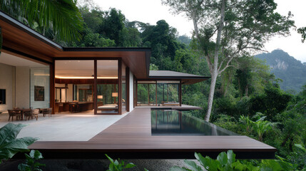 Fototapeta premium A glass walled house by lush jungle, huge window for natural light