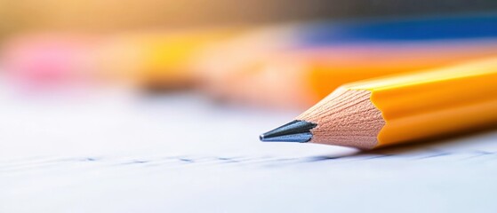 Close-up of a sharpened yellow pencil on a sheet of paper, highlighting its fine tip and vibrant color.