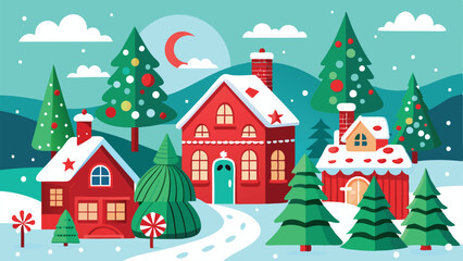 A vector illustration of a seasonal holiday scene, such as a winter wonderland with snow-covered trees, festive decorations, and cozy houses. The design should have a whimsical and cheerful feel, usin