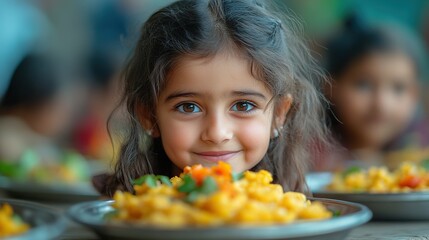 Naklejka premium girls in a small school eating lunch in the canteen