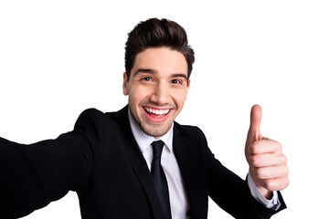 Close up photo amazing he him his macho handsome make take selfies thumb raised up advising buy buyer product funny funky wear white shirt black suit jacket tie formalwear isolated grey background