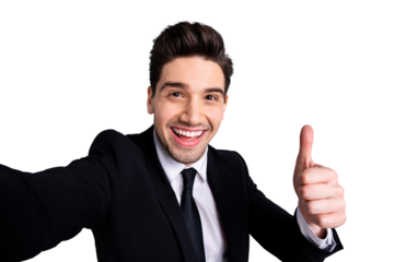 Close up photo amazing he him his macho handsome make take selfies thumb raised up advising buy buyer product funny funky wear white shirt black suit jacket tie formalwear isolated grey background