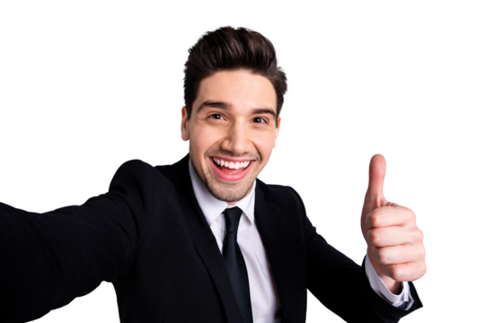 Close up photo amazing he him his macho handsome make take selfies thumb raised up advising buy buyer product funny funky wear white shirt black suit jacket tie formalwear isolated grey background