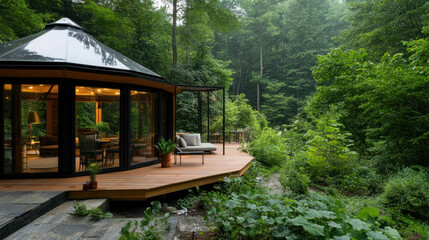 A cozy modern yurt by lush jungle, luxury glamorous camping glamping
