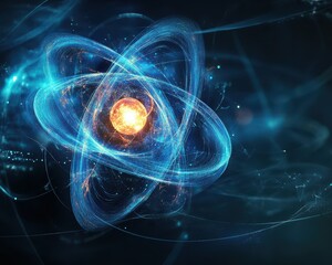 Obraz premium Artistic representation of atomic structure, electrons spiraling around a glowing nucleus in abstract forms, quantum mechanics