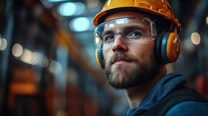 An engineer or technician wearing protective headphones stands in an industrial factory.