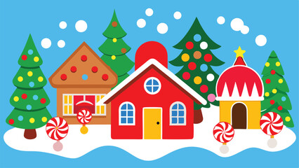 A vector illustration of a seasonal holiday scene, such as a winter wonderland with snow-covered trees, festive decorations, and cozy houses. The design should have a whimsical and cheerful feel, usin