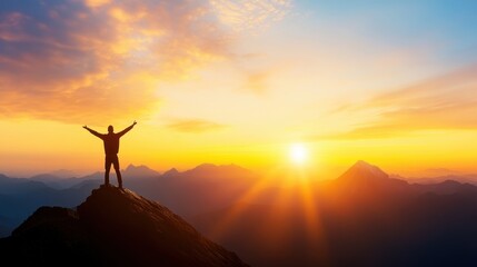 A person stands on a mountain peak during sunrise, celebrating nature's beauty and feeling a sense of freedom and achievement.