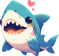 Smiling cartoon baby shark with hearts, playful underwater themes