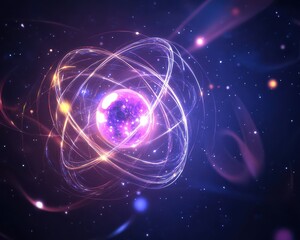 Glowing nucleus with electrons orbiting in defined paths, surrounded by energy waves, concept of atomic theory