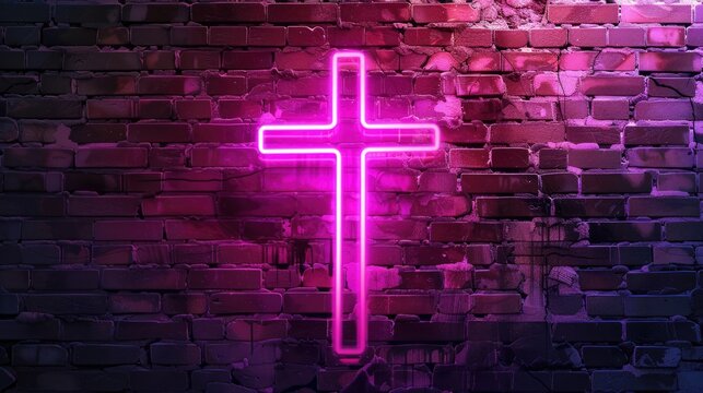 pink glowing christian cross on brick wall background