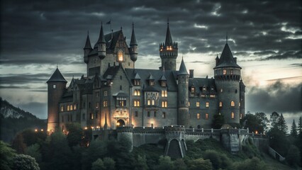 Fototapeta premium A grand, stone castle stands tall against a dramatic, cloudy sky, its windows glowing with warm light.