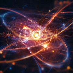 Fototapeta premium Conceptual image of atomic mechanics, glowing electron trails around a central nucleus, representing quantum energy