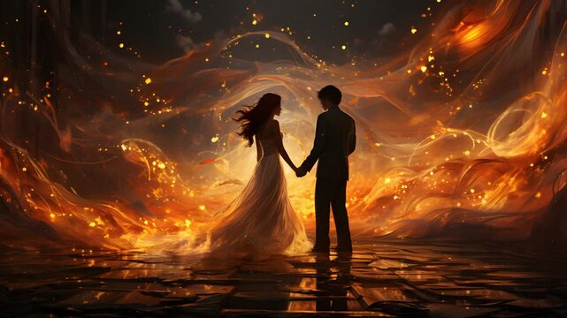 A couple stands hand-in-hand in front of a vibrant, flowing fire backdrop, symbolizing passion and commitment in their relationship.