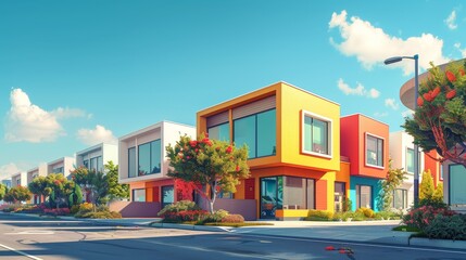 Obraz premium Cartoon vector contemporary townhouse in a row of similar properties with a clean exterior