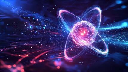 Obraz premium Futuristic atom with dynamic electron trails around nucleus, glowing in a digital environment, concept of quantum physics