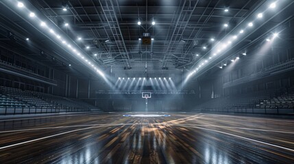 Empty basketball arena with lights and spotlights. 3D Rendering.