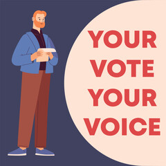illustration of a voting scene with a young man, highlighting the democratic process. Emphasizes the importance of each vote with elements of patriotism and social engagement.