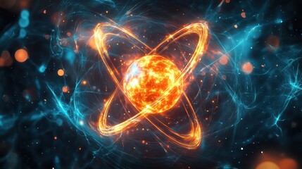 Obraz premium Macro view of electron movement within a stylized atom, glowing nucleus surrounded by energy waves, science and technology concept