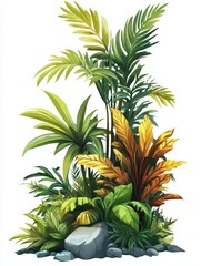 Fototapeta premium Lush Tropical Foliage with a Rock