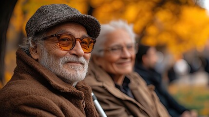 Fototapeta premium In a city park, a young man is sitting on a bench alongside a blind senior with a white cane.