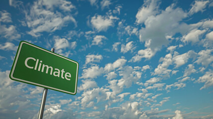 Green road sign with text climate over blue sky with clouds background, concept of climate change and future