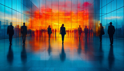 An abstract image depicting business people against a city background. Employee teamwork concept, partnership success