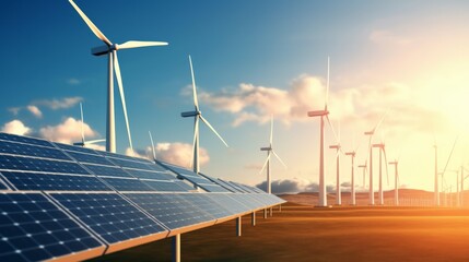 Solar panels wind turbines installed as renewable energy sources for electricity and power supply. Neural network ai generated art
