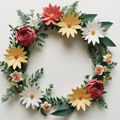 Obraz premium Paper flower wreath with various colors and foliage.