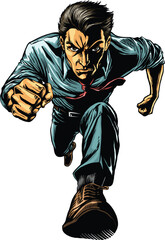 Worker is running towards camera angry boss comic art colored