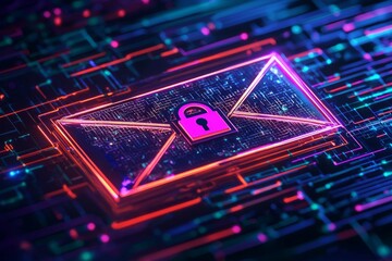 A stylized, neon-lit envelope icon with a prominent lock symbol, surrounded by a digital matrix, representing cutting-edge encrypted email technology.