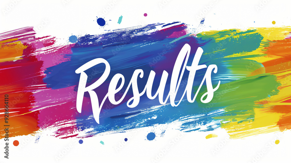 Poster vibrant paint brushstrokes form an abstract backdrop for the word results in white